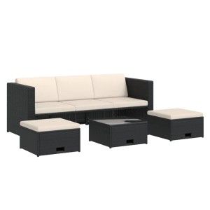 Schwarzes 4-tlg. vidaXL Garten-Lounge-Set aus Rattan mit cremefarbenen Auflagen.