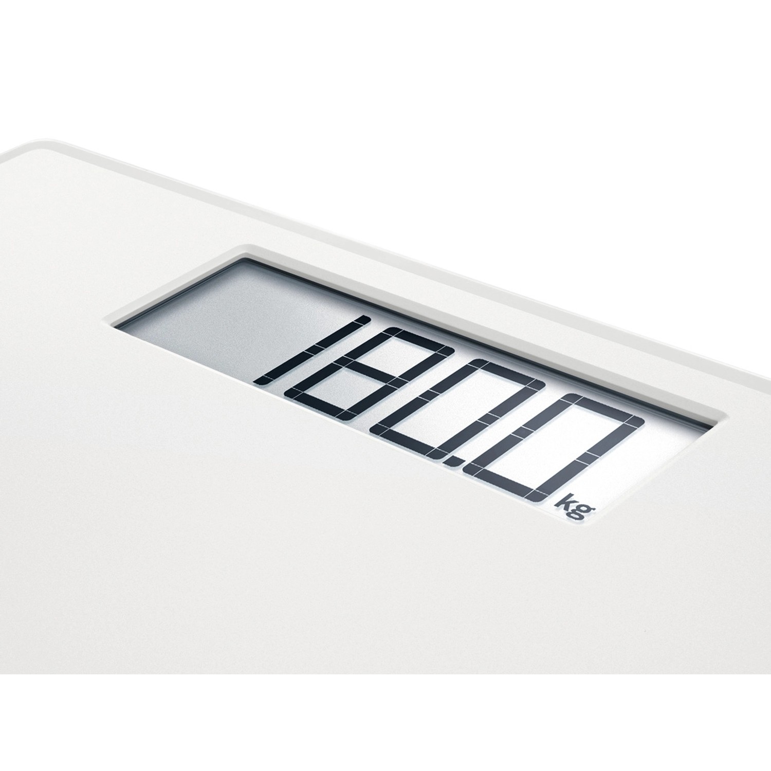 Detailansicht der weißen Leifheit Digital Style Sense Safe 100 Personenwaage mit LCD-Anzeige.