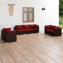 Braunes 7-tlg. vidaXL Garten-Lounge-Set aus Rattan mit roten Kissen.