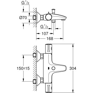 Technische Zeichnung der Grohe Grohtherm 800 Wannenarmatur mit Maßen.