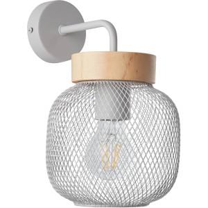 Helle, moderne Brilliant Wandleuchte Giada mit Holzapplikation und grauem Metallgitter.