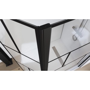 Aurlane Walk-In Duschwand Bricks, 90+40x195cm, mit schwarzem Rahmen und transparentem Glas.