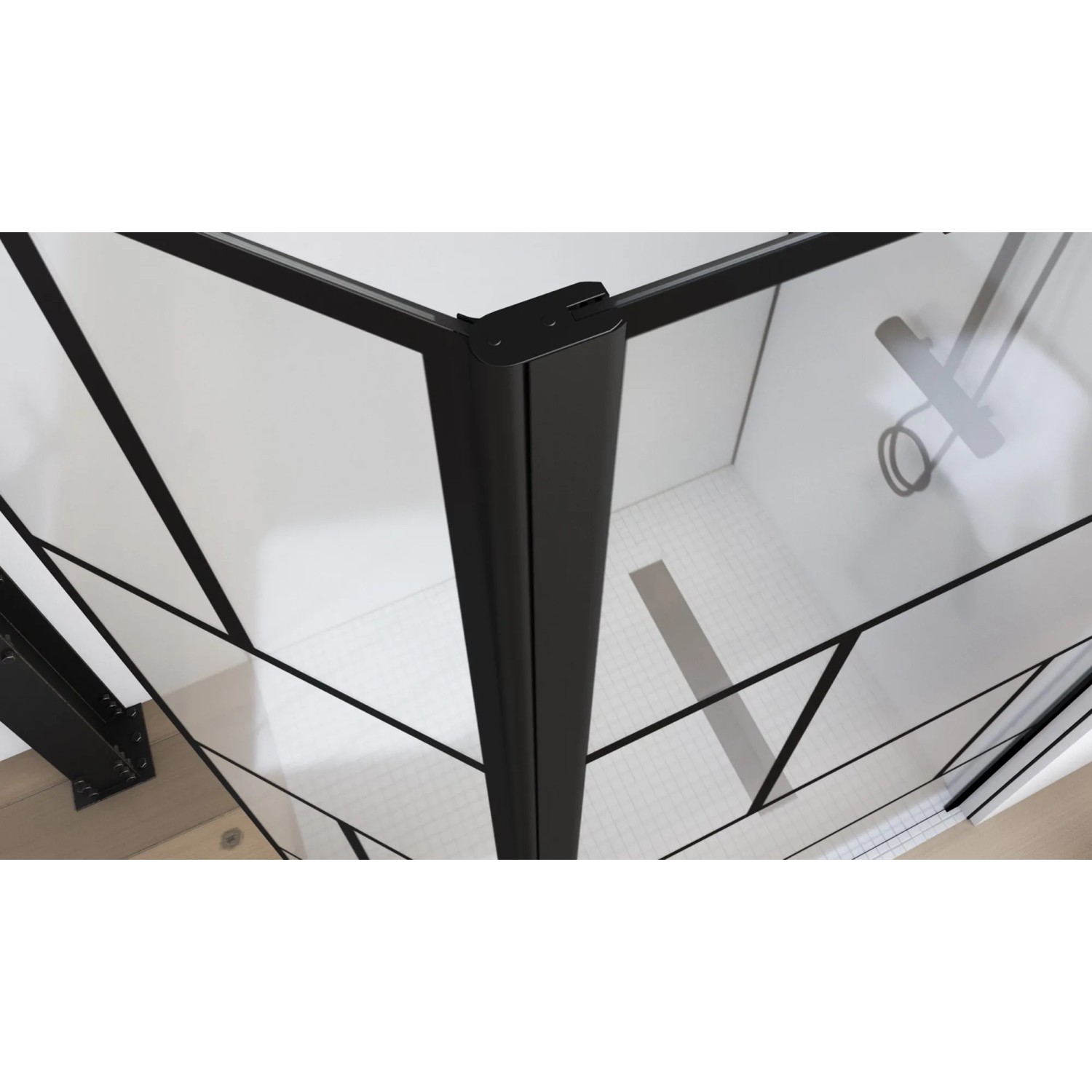 Aurlane Walk-In Duschwand Bricks, 90+40x195cm, mit schwarzem Rahmen und transparentem Glas.