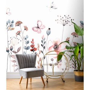 Rasch Fototapete Bambino XIX 253290: Blumen und Schmetterlinge in Lila und Petrol.