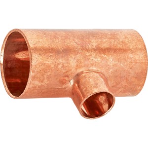 Löt-Reduzier-T-Stück aus Kupfer, 28 mm x 15 mm x 28 mm, für Kupferleitungen.
