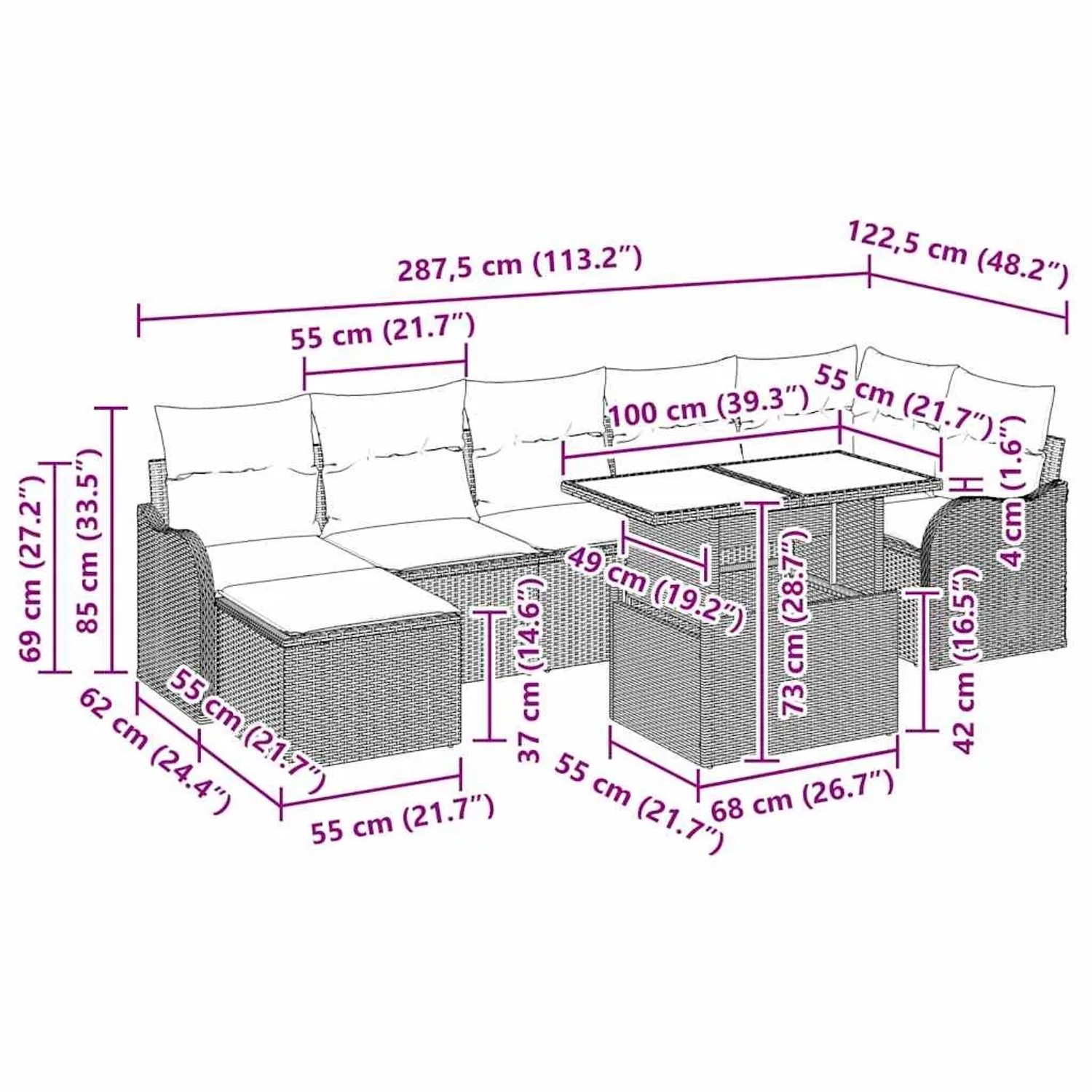 vidaXL Gartenmöbel-Set, 8-teilig, hellgraues Poly Rattan mit Kissen und Tisch, Maße siehe Grafik.
