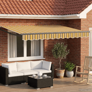 Elektrische Markise in Gelb, Grau, Anthrazit gestreift, ausziehbar, schützt Terrasse vor Sonne. Ideal für Garten & Balkon.