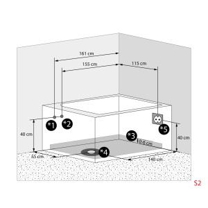 Skizze der AquaVapore Whirlpool Badewanne 180x135cm mit Maßangaben für Installation.