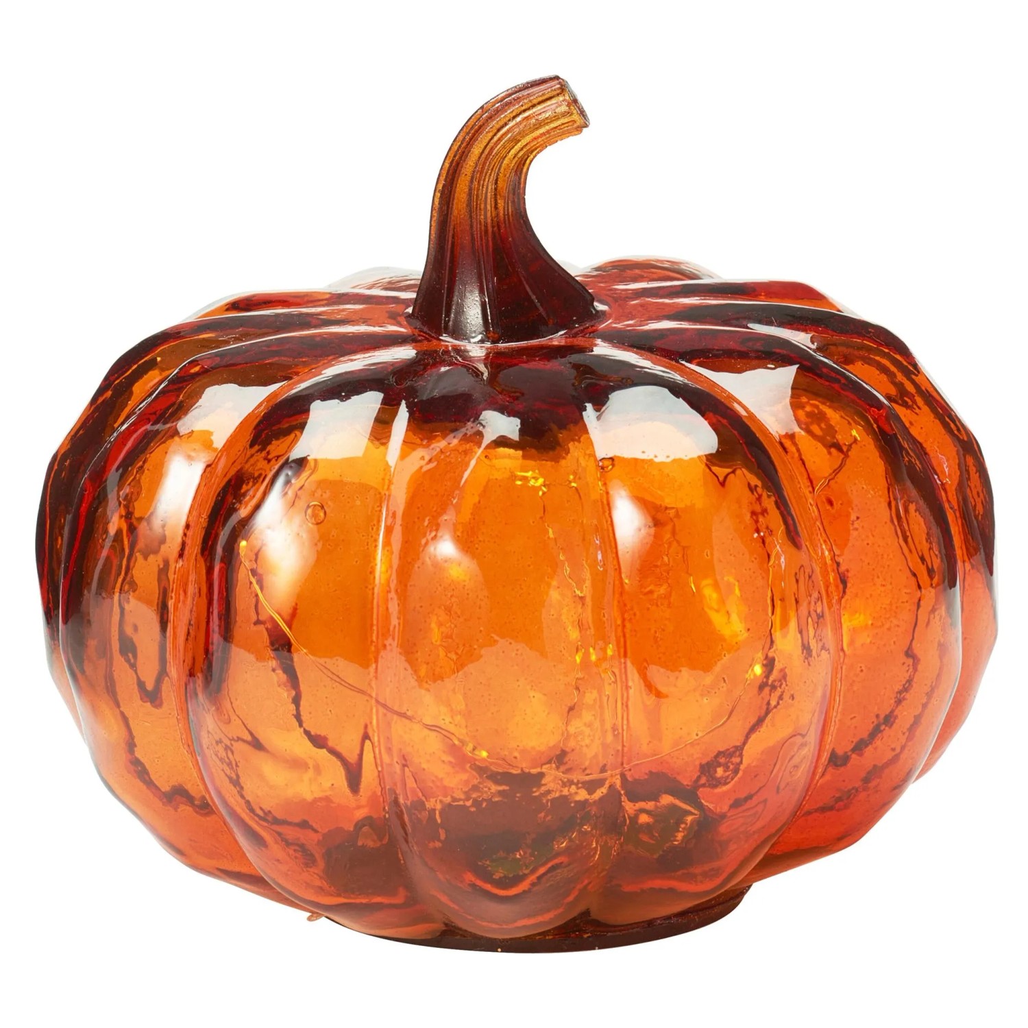 Orange Kürbis Glaslampe mit LED-Beleuchtung. Dekorative Figur für Herbst und Halloween, 15 cm.