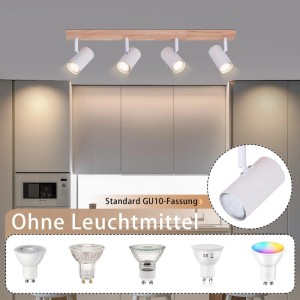 Weißer 4-flammiger NETTLIFE Deckenstrahler aus Metall mit Holzsockel in moderner Küche. GU10 Spots, drehbar.