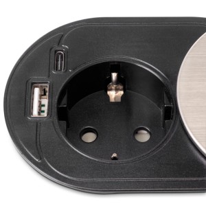 Emuca Multistecker Flat: Schukostecker, USB-A und USB-C in Edelstahl/Kunststoff für Schalterprogramme.