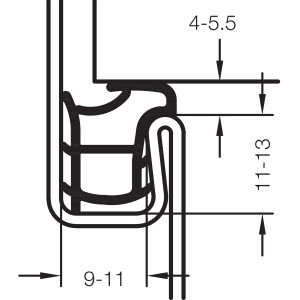 Detailzeichnung Primo Stahlzargendichtung Ferrum 911, weiße Türdichtung für Stahlzargen mit Maßen.