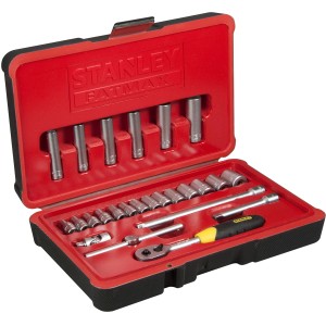 Stanley FatMax Steckschlüssel-Set, 25-teilig, mit Umschaltknarre und Steckschlüsseln im roten Koffer.