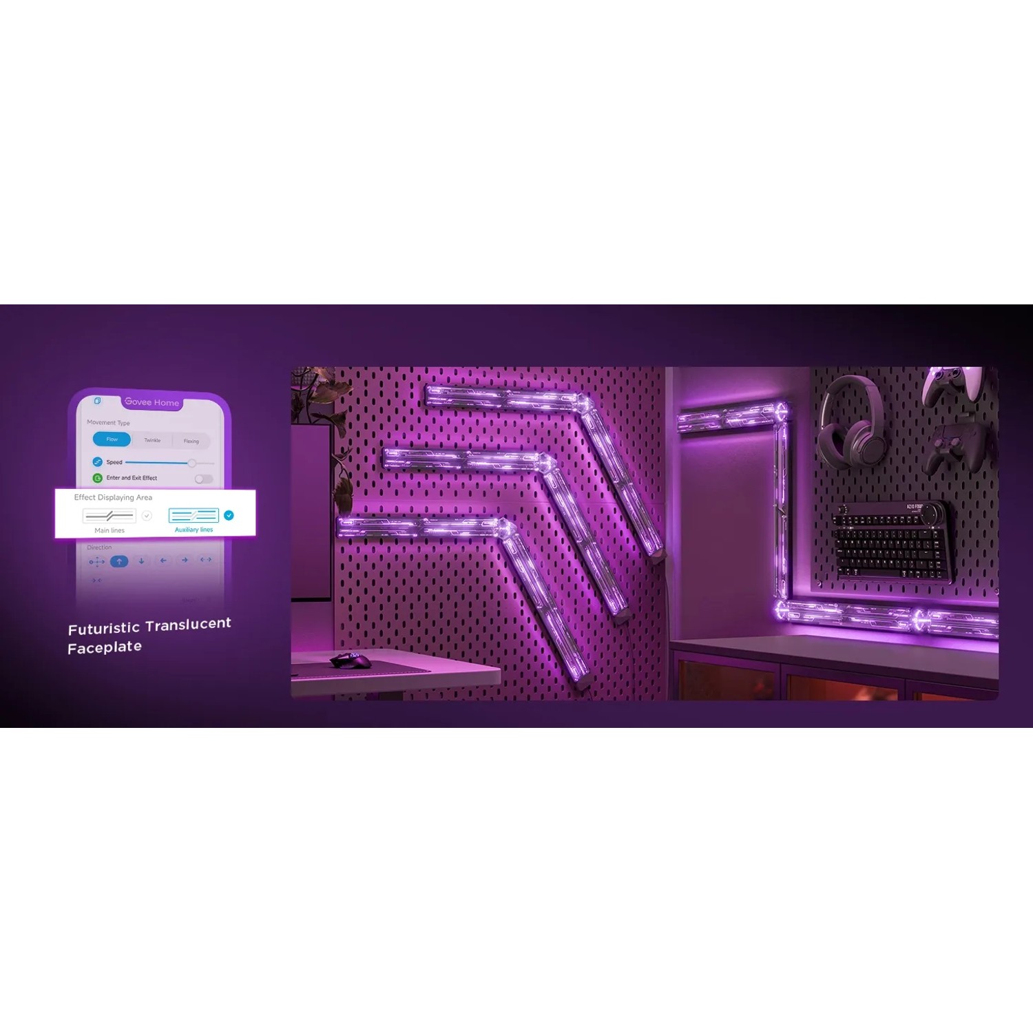 Govee Gaming-Wandleuchten 4+1 H6063 im Gaming-Setup mit violetter Beleuchtung.