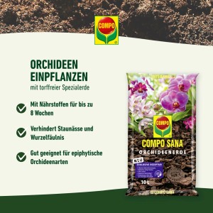 Sack Compo Sana Orchideenerde, torffrei, 10 l, mit Orchideenblüten auf der Packung.