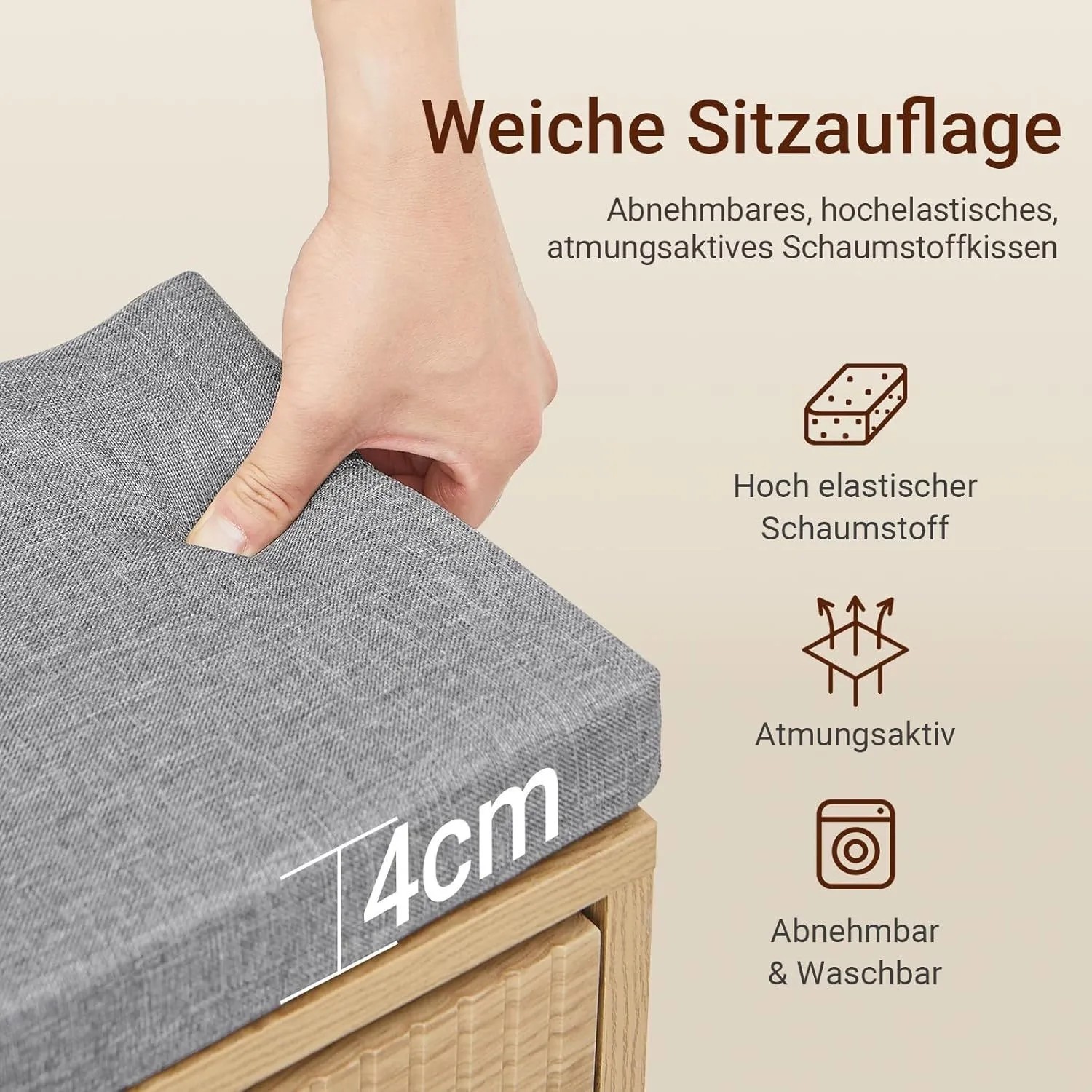 Detailaufnahme: Graue Sitzfläche der Schuhbank mit atmungsaktivem, waschbarem Bezug.
