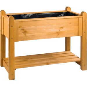 Wilk Hochbeet Premium aus Kiefernholz, honigbraun, mit Ablage für Gartengeräte.