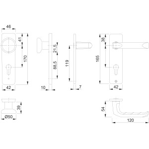 Technische Zeichnung: Hoppe Kurzschild-Wechselgarnitur London PZ, Alu Natur, Maße und Details.