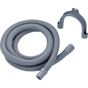 Grauer Ablaufschlauch 2,5m aus PVC mit zwei Anschlussmuffen und Halterung für Wasch- und Spülmaschine.