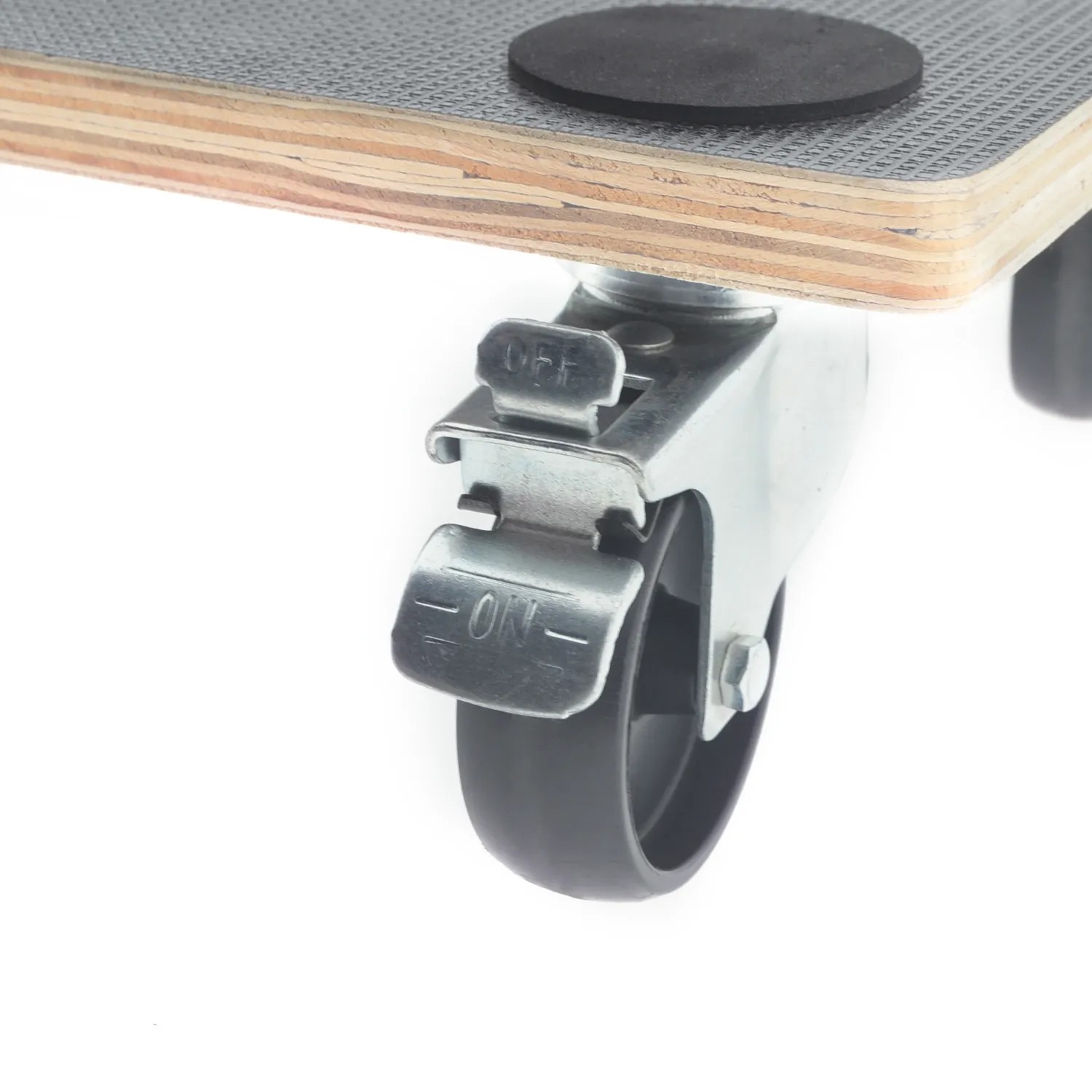 Detailaufnahme: Tronitechnik Rollbrett mit Bremse am Rad. Ideal für Möbeltransporte.