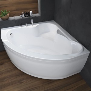 Weiße KOLMAN Acryl Eckbadewanne 130x130 cm mit abgerundeter Front in modernem Badezimmer.