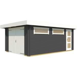 Graphitgraue Einzelgarage aus Holz mit Holztor und Fenstern, 360x540 cm.