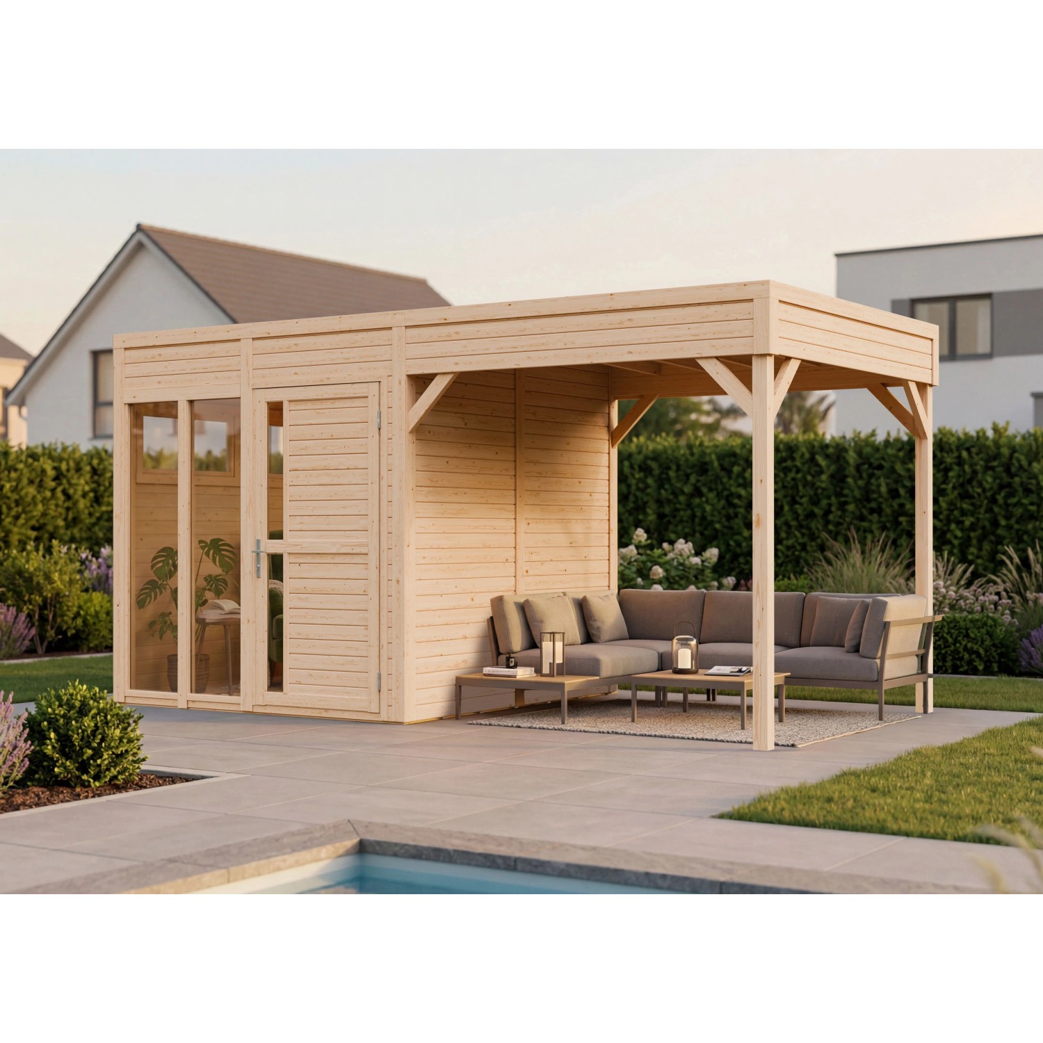 Bertilo Holz-Gartenhaus Cubus2Off.Lounge nat Flachdach Unbehandelt