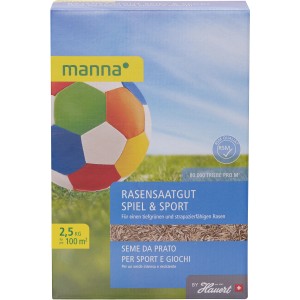 Packung Manna Spiel- und Sportrasen Saatgut, ideal für strapazierfähigen, dichten Rasen.