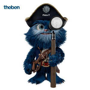 Blaues Piraten-Maskottchen hält Fernrohr mit Theben PIRA T6 Mini Bewegungsmelder. Kompakter PIR-Sensor für Innenbereich.