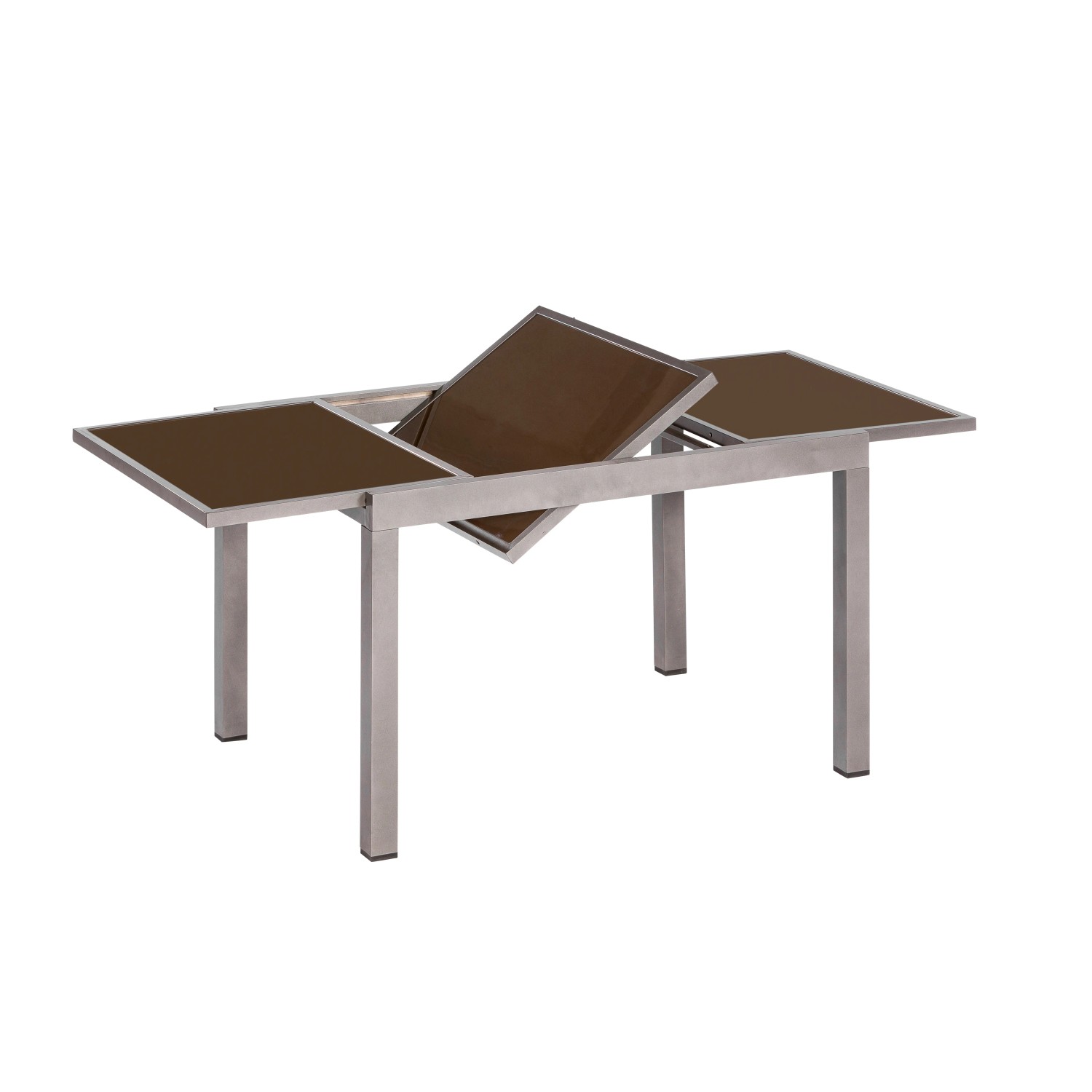 Merxx Gartentisch, rechteckig, ausziehbar, 100x75 cm, mit brauner Glasplatte und Aluminiumgestell.