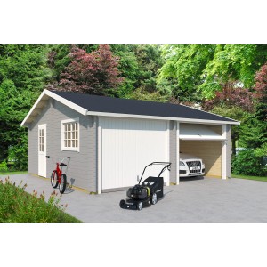 Lasita Maja Doppelgarage Falkland, lichtgrau, mit Schwingtoren und Nebeneingangstür. Auto und Rasenmäher sind abgebildet.