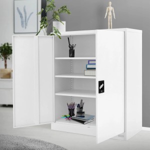 Weißer ML-Design Aktenschrank aus Stahl, abschließbar, mit offenen Türen und drei Regalböden.