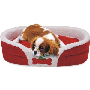 Rotes Heim Haustierbett mit weihnachtlichem Knochen-Motiv und Hund der Größe L.