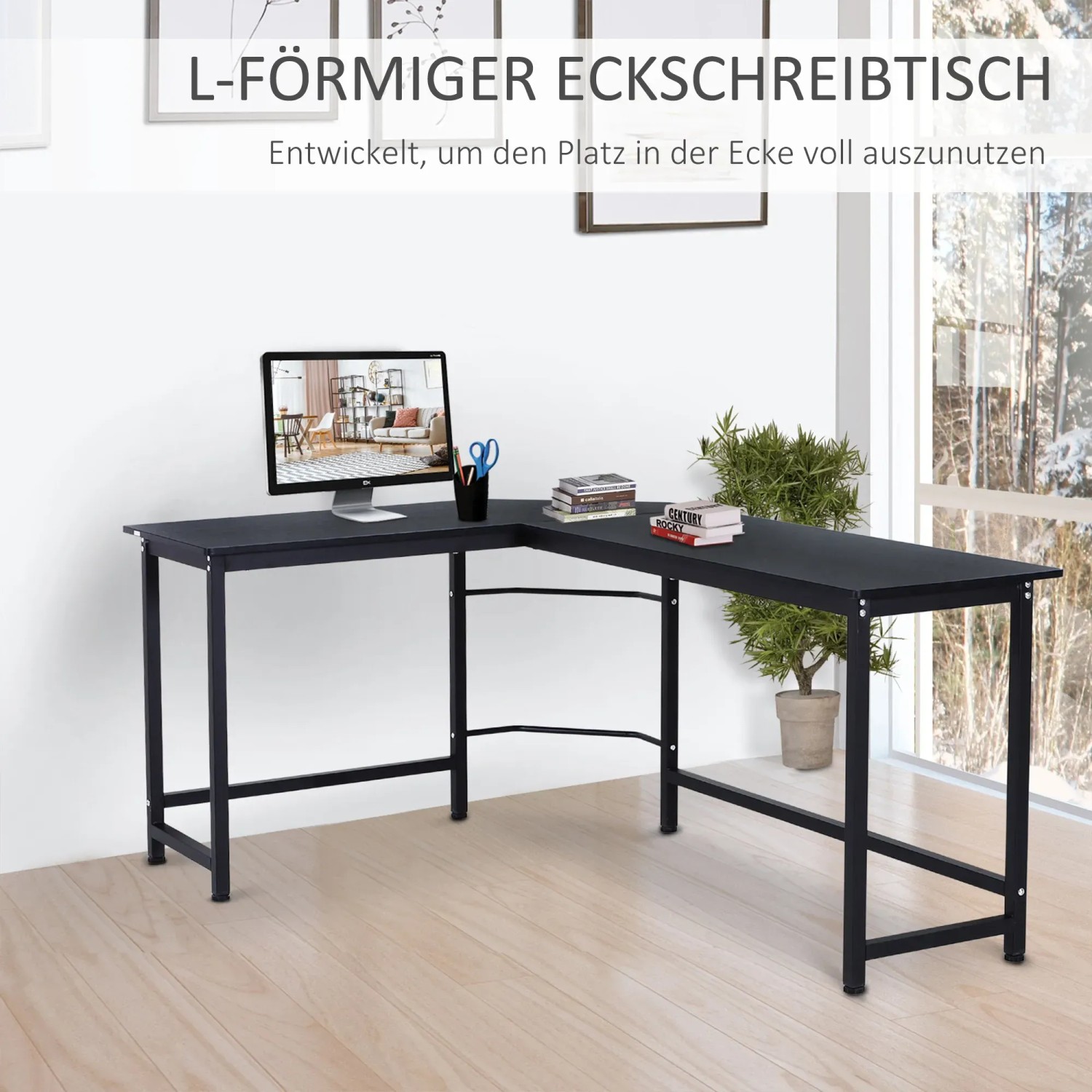 Schwarzer, höhenverstellbarer Vinsetto Computertisch in L-Form, ideal für Ecken.