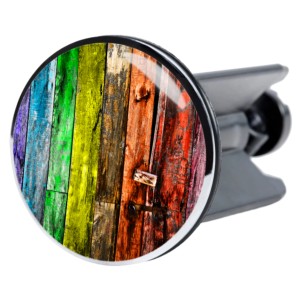 Sanilo Waschbeckenstöpsel Rainbow mit bunten Holzplanken im Used-Look.