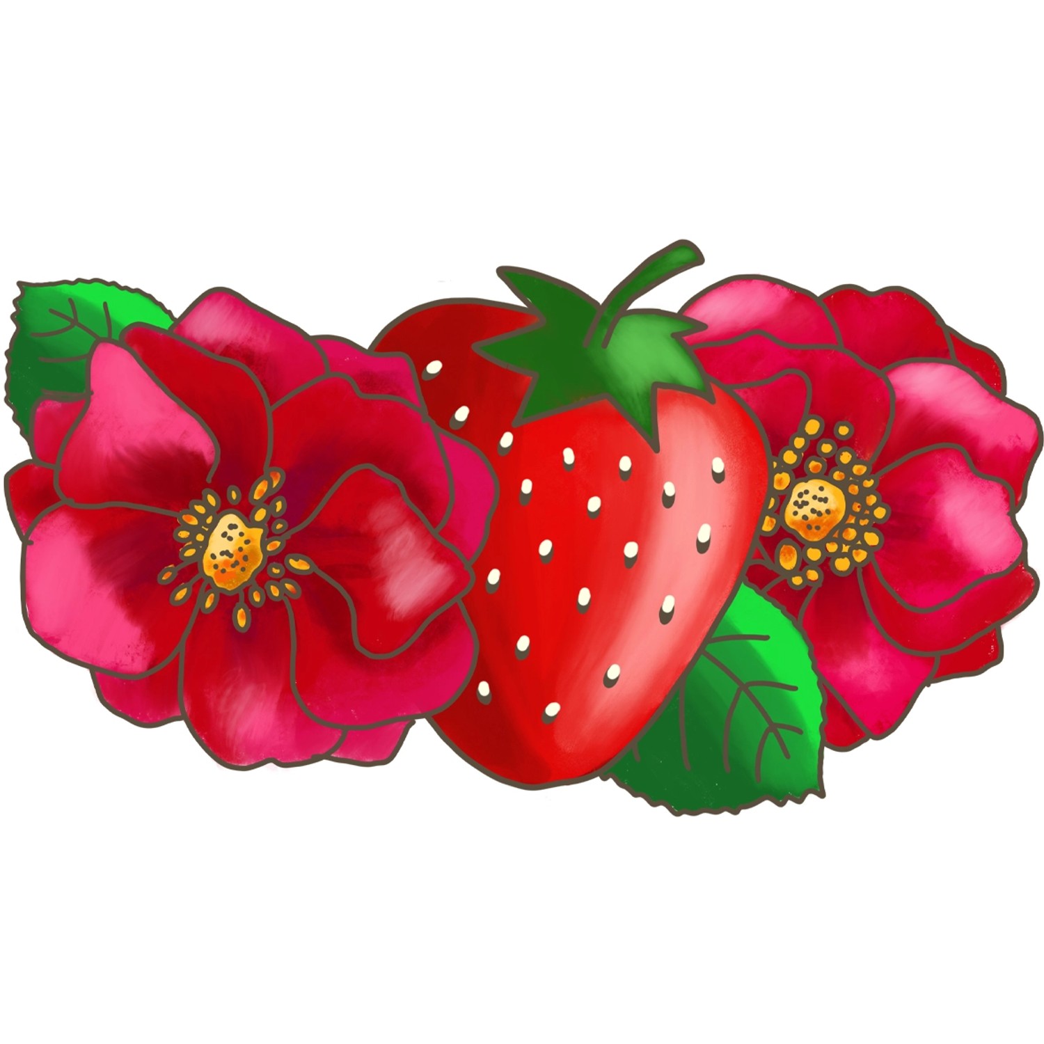 Illustration einer Erdbeere 'Summer Breeze Red' mit roten Rosenblüten.