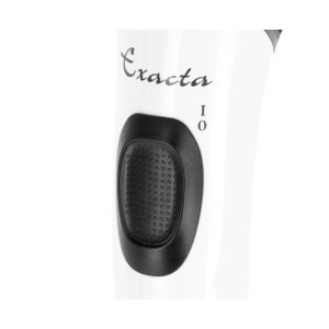 Weiße Westfalia Exacta Akku-Schermaschine, Detail des schwarzen Ein-/Ausschalters mit Logo. Für Hundefellpflege.