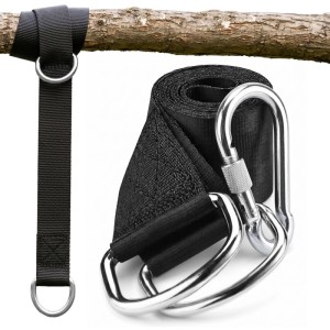 AMANKA Hängesessel-Befestigung: schwarzer 3m Polyestergurt, 5cm breit, mit Karabiner & D-Ringen. Um Baumstamm gewickelt.