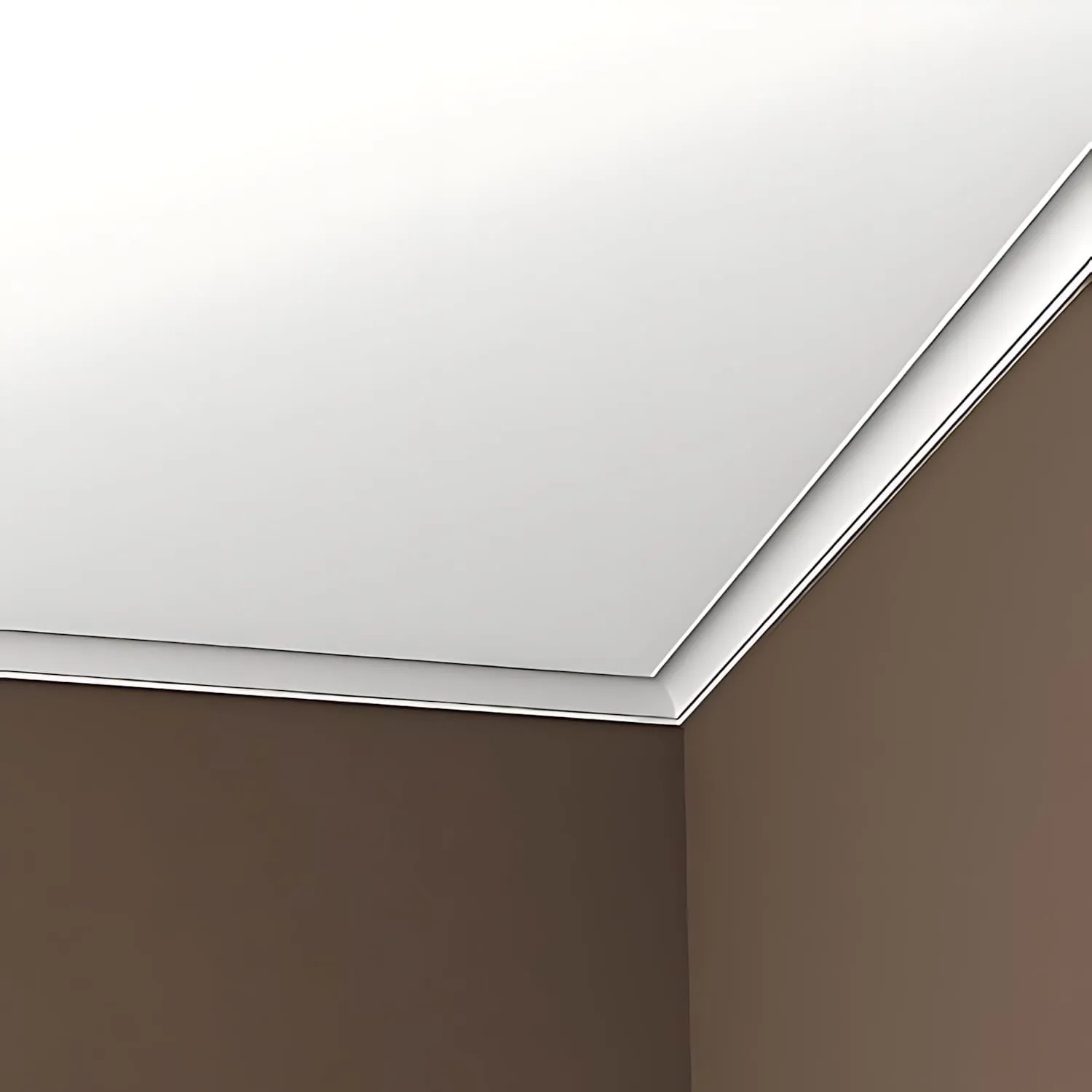 Weiße PROFHOME Eckleiste als Deckenabschluss an einer braunen Wand.