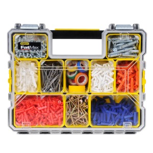 Stanley FatMax Profi-Organizer mit transparentem Deckel und gefüllten, tiefen Fächern für Kleinteile.