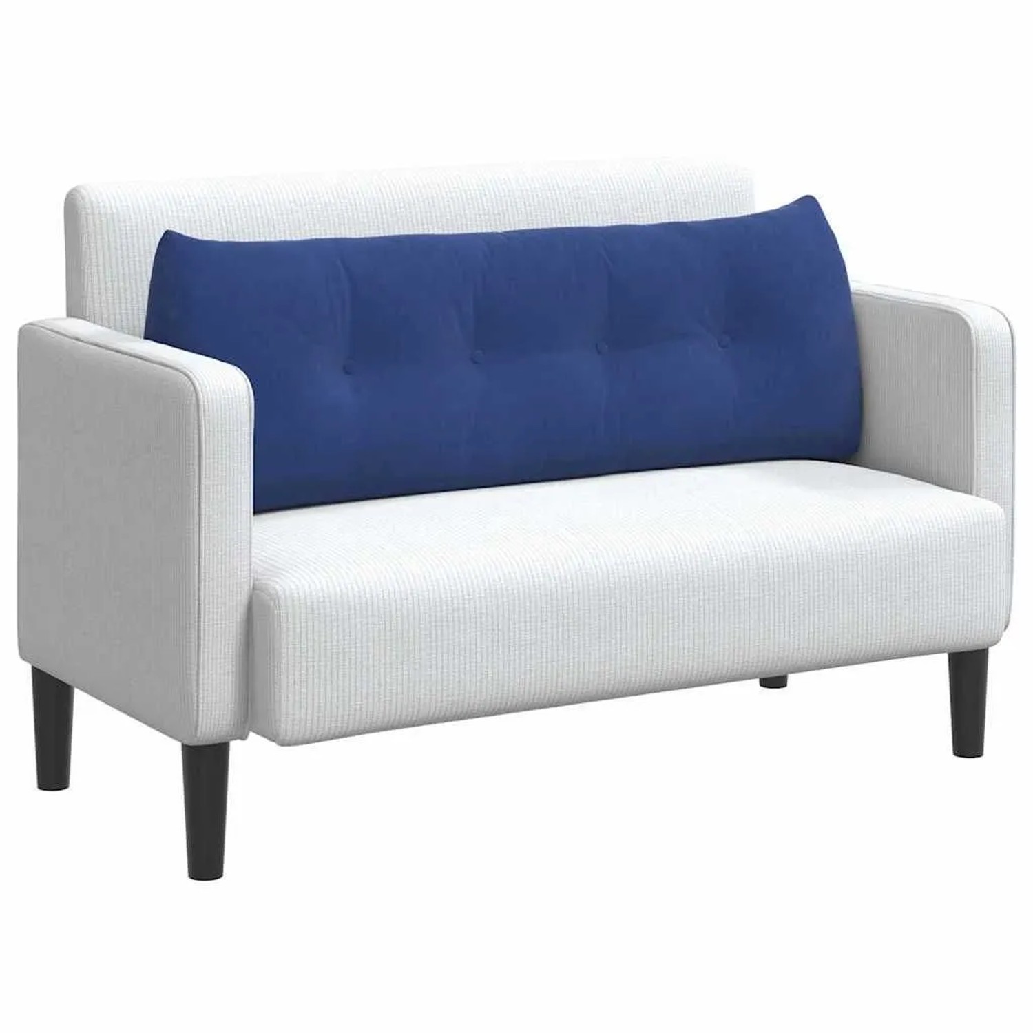 Polizeiblaues Samt-Rückenkissen mit Knöpfen auf weißem Sofa. Komfortables Kissen für Wohnzimmer.