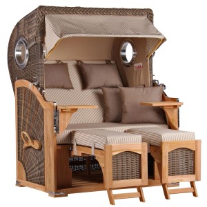 GarWoh Strandkorb Rantum Teak mit grauem PE-Geflecht und Bullaugen.