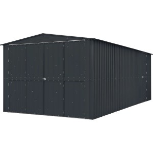 Globel Gerätehaus Parker 1015 in Anthrazit: Großes Metallgerätehaus mit Doppeltür und Satteldach.