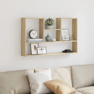 Wandregal in Sonoma-Eiche Optik aus Holzwerkstoff, mit mehreren Fächern, über einem Sofa. Ideal für Deko und Bücher.