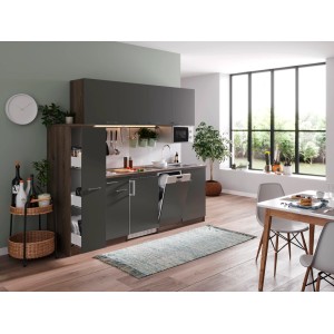 Respekta Küchenzeile KB225EYGMI, 225 cm, Grau/Eiche York Nachbildung mit E-Geräten.