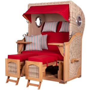 Komplettset: Strandkorb Ammersee aus Teakholz mit Bullauge und roter Polsterung.