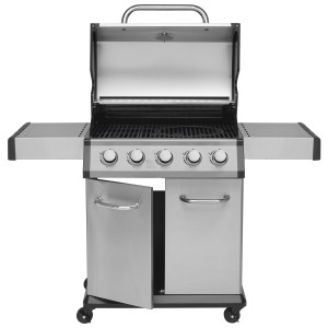 Justus BBQ Gasgrill Geras mit 5 Brennern, Edelstahl/Schwarz, mit Ablageflächen und Unterschrank.