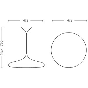 Technische Zeichnung der weißen Philips Hue Cher Pendelleuchte mit Maßen.