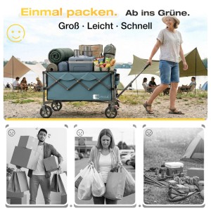 Sunula Bollerwagen, faltbar, grün, mit Campingausrüstung beladen. Ideal für Camping & Freizeit.