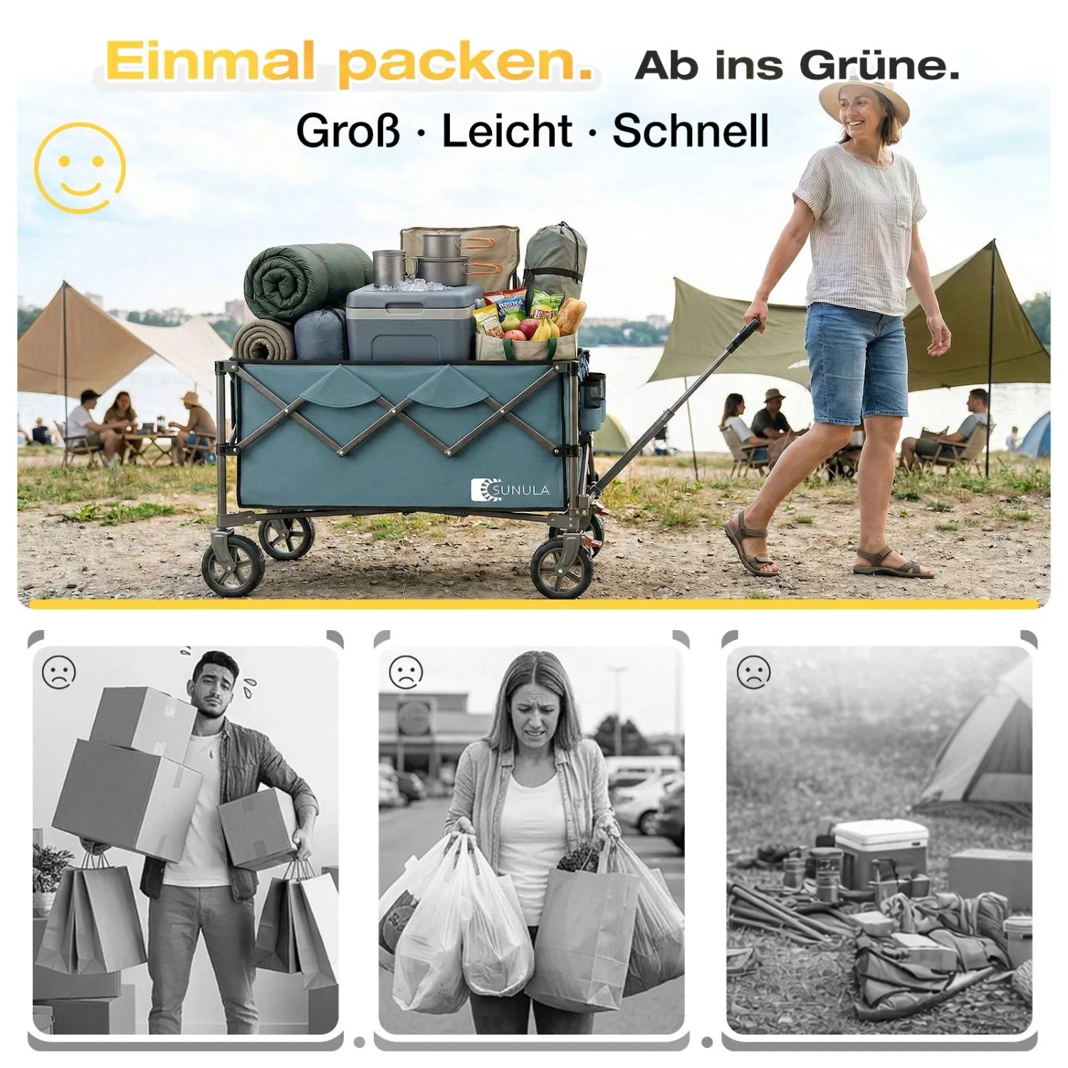 Sunula Bollerwagen, faltbar, grün, mit Campingausrüstung beladen. Ideal für Camping & Freizeit.